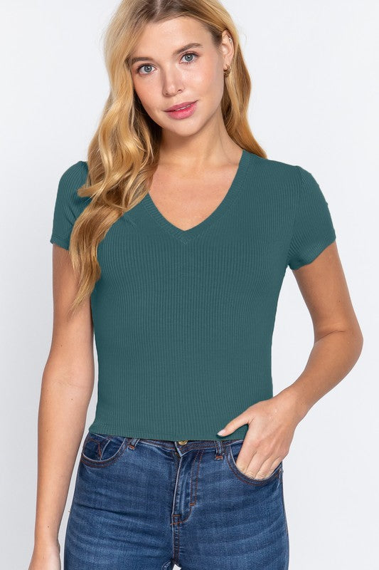 RIBBED KNIT VNECK TOP - 8 COLORS