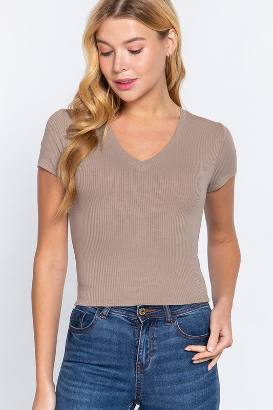 RIBBED KNIT VNECK TOP - 8 COLORS