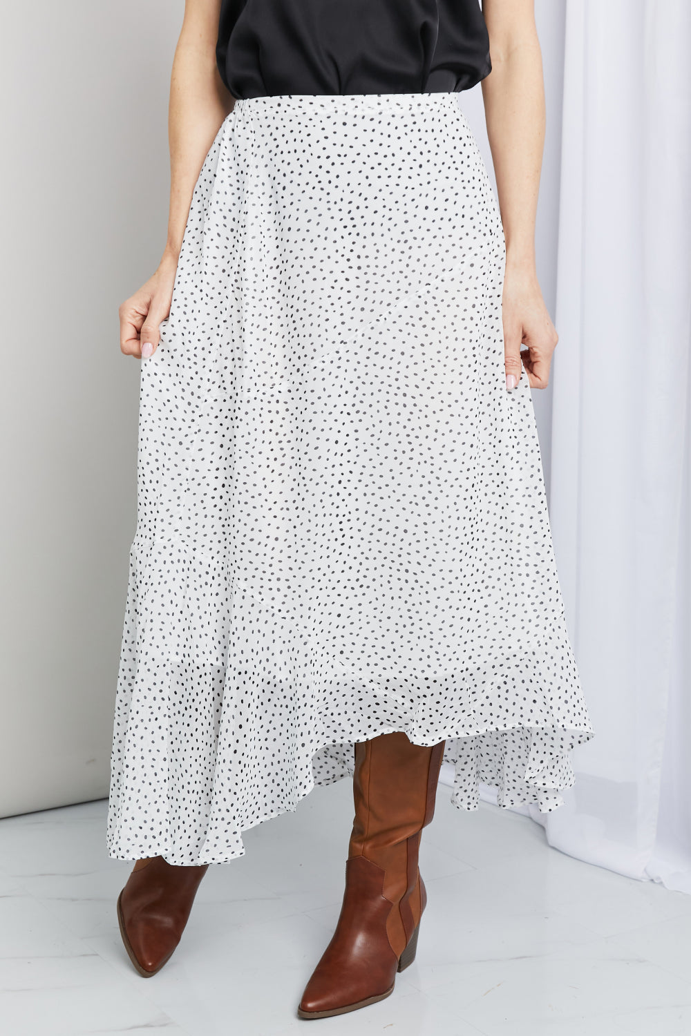 Zenana Polka Dot Ruffle Hem Midi Skirt in Ivory\/Black