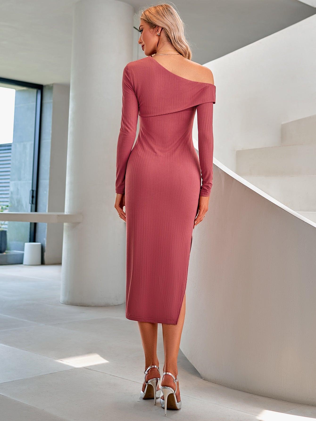 Asymmetrical Neck Slit Midi Dress