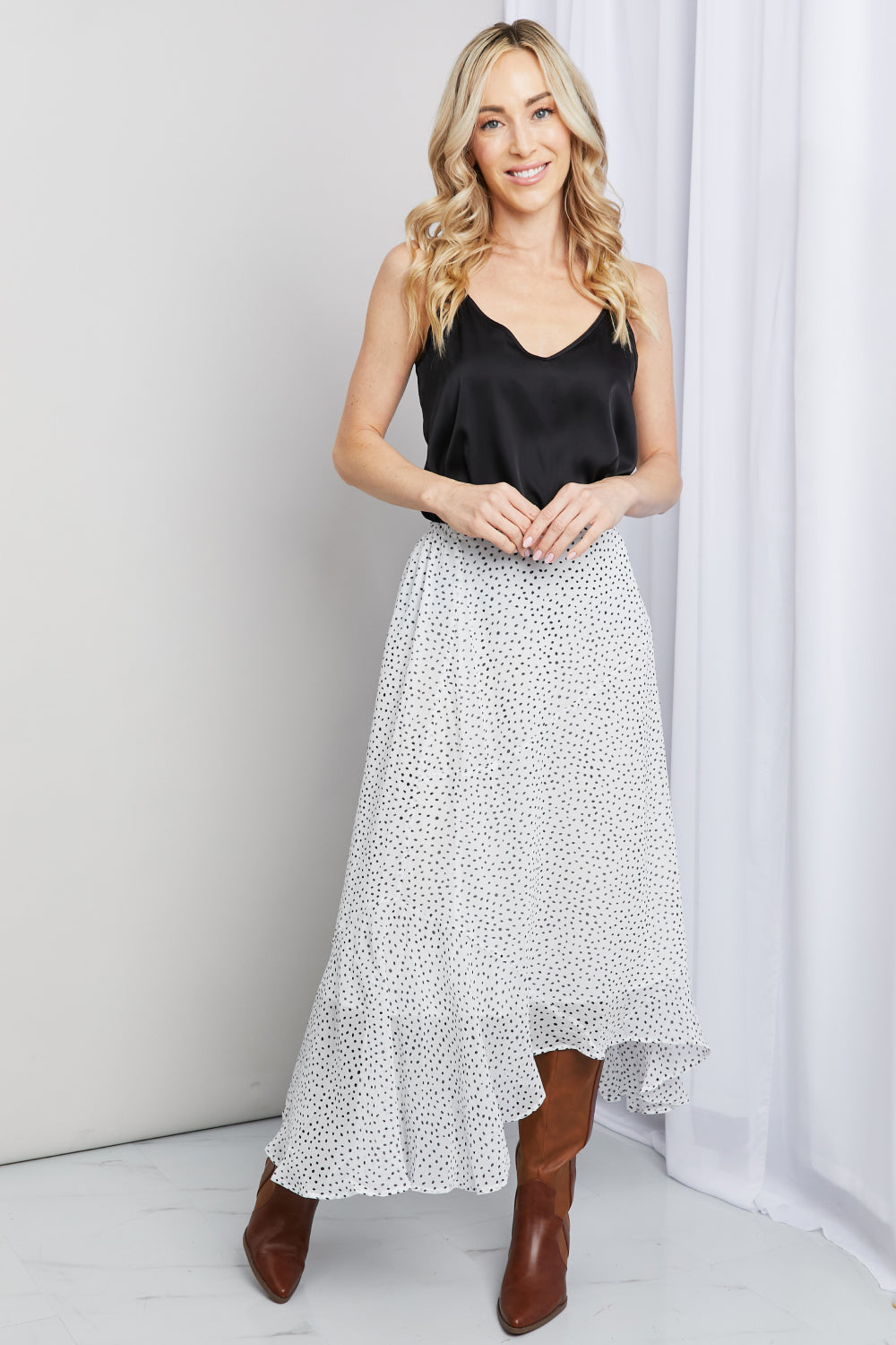 Zenana Polka Dot Ruffle Hem Midi Skirt in Ivory\/Black