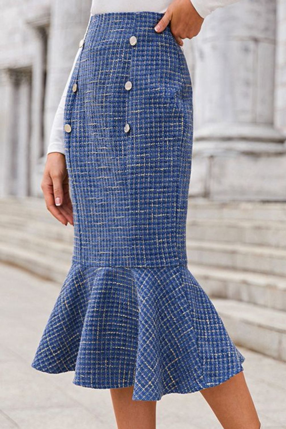 Tweed Buttoned Fishtail Skirt