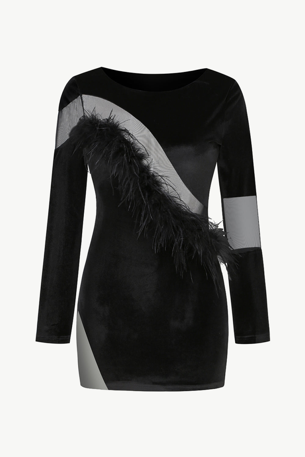 Feather Trim Long Sleeve Velvet Dress