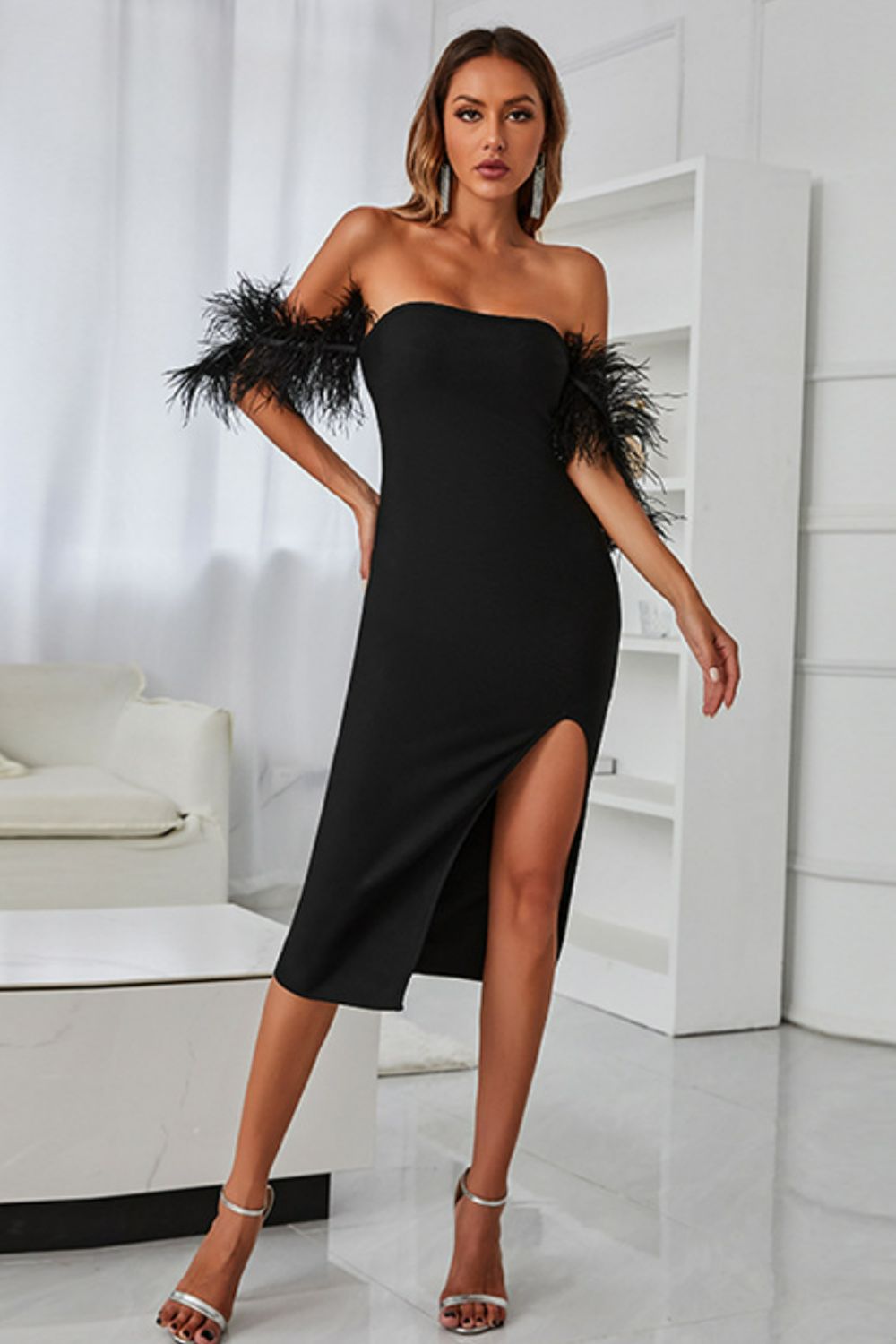 Feather Trim Off-Shoulder Split Dress