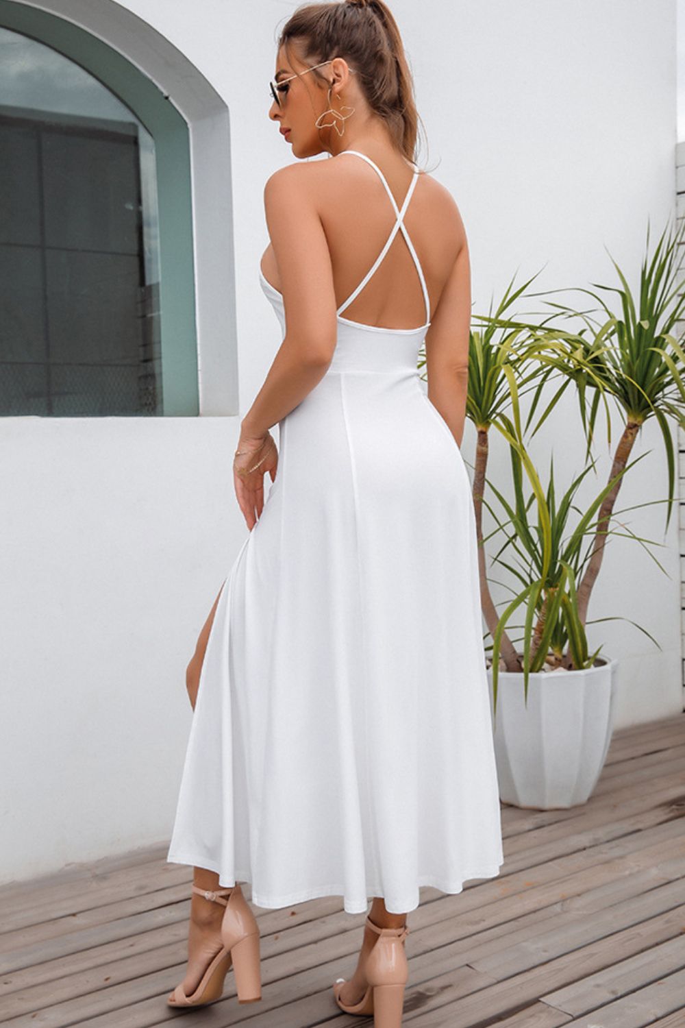 Crisscross Back Halter Neck Split Dress