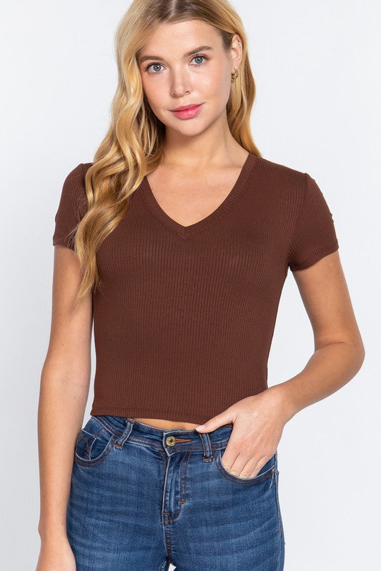 RIBBED KNIT VNECK TOP - 8 COLORS