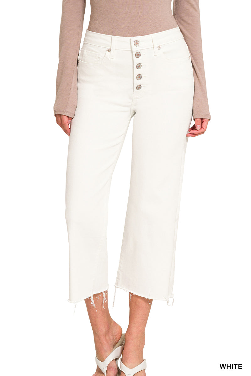 BUTTON FLY RAW HEM WIDE LEG WHITE DENIM PANTS