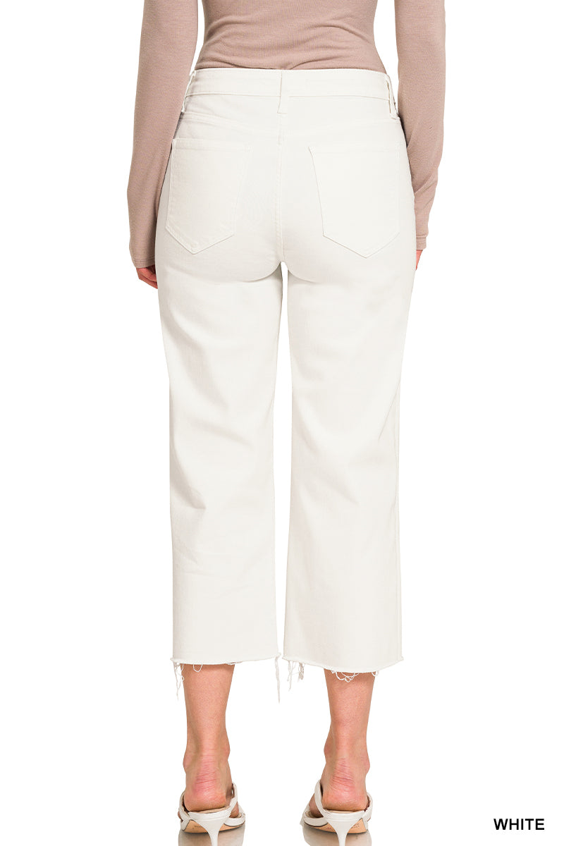 BUTTON FLY RAW HEM WIDE LEG WHITE DENIM PANTS