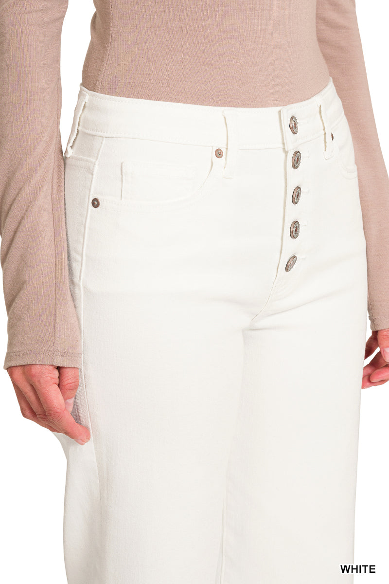 BUTTON FLY RAW HEM WIDE LEG WHITE DENIM PANTS