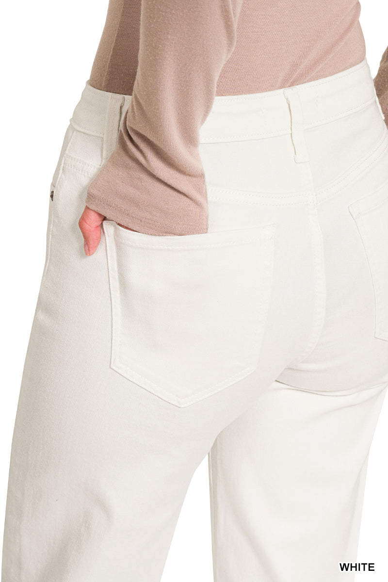 BUTTON FLY RAW HEM WIDE LEG WHITE DENIM PANTS