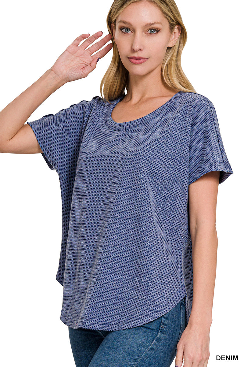 MELANGE WAFFLE SHORT SLEEVE TOP - DENIM