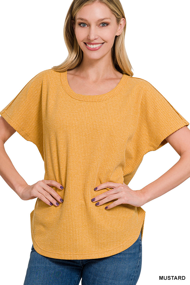 MELANGE WAFFLE SHORT SLEEVE TOP - MUSTARD