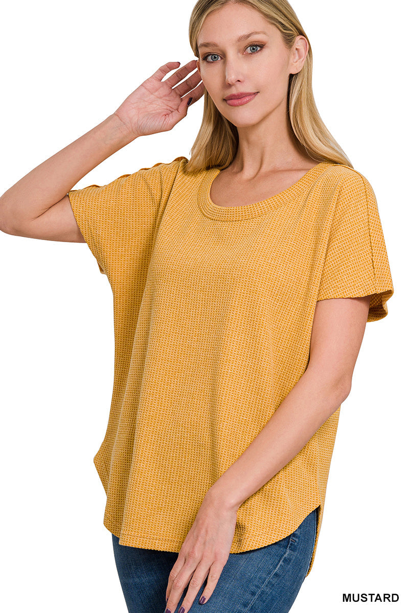 MELANGE WAFFLE SHORT SLEEVE TOP - MUSTARD