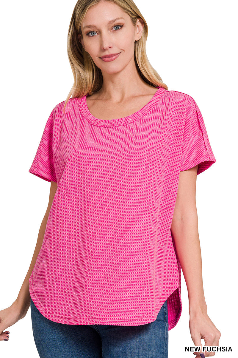 MELANGE WAFFLE SHORT SLEEVE TOP - FUCHSIA