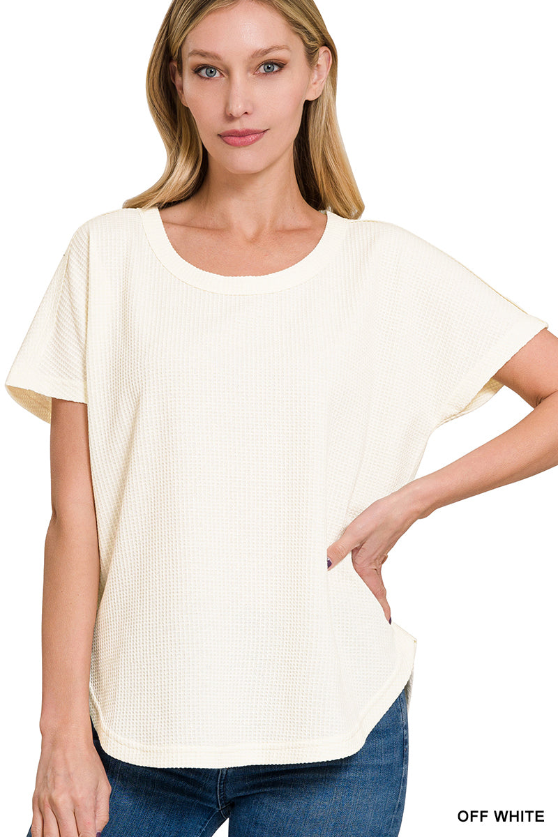 MELANGE WAFFLE SHORT SLEEVE TOP - CREAM