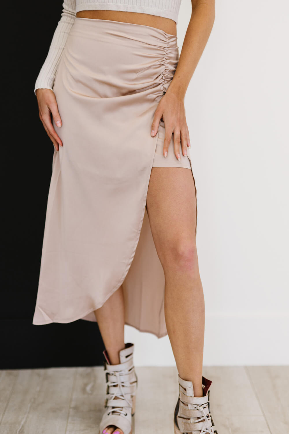 HYFVE Glam It Up Ruched Satin Tulip Hem Skirt