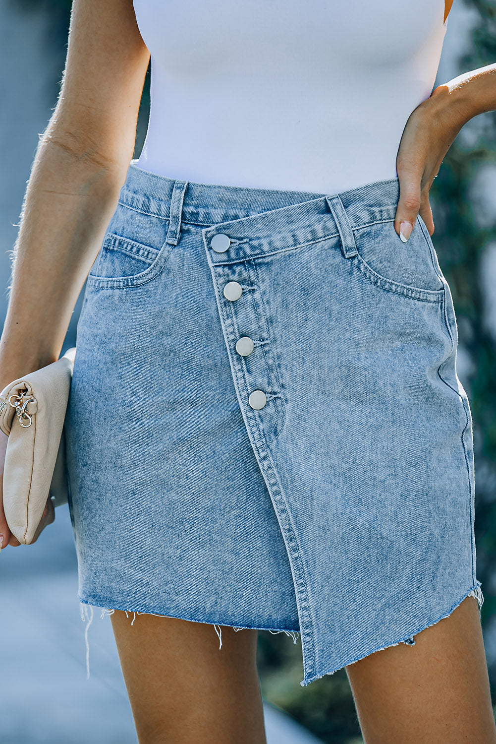 Button Fly Asymmetrical Denim Skirt with Pockets