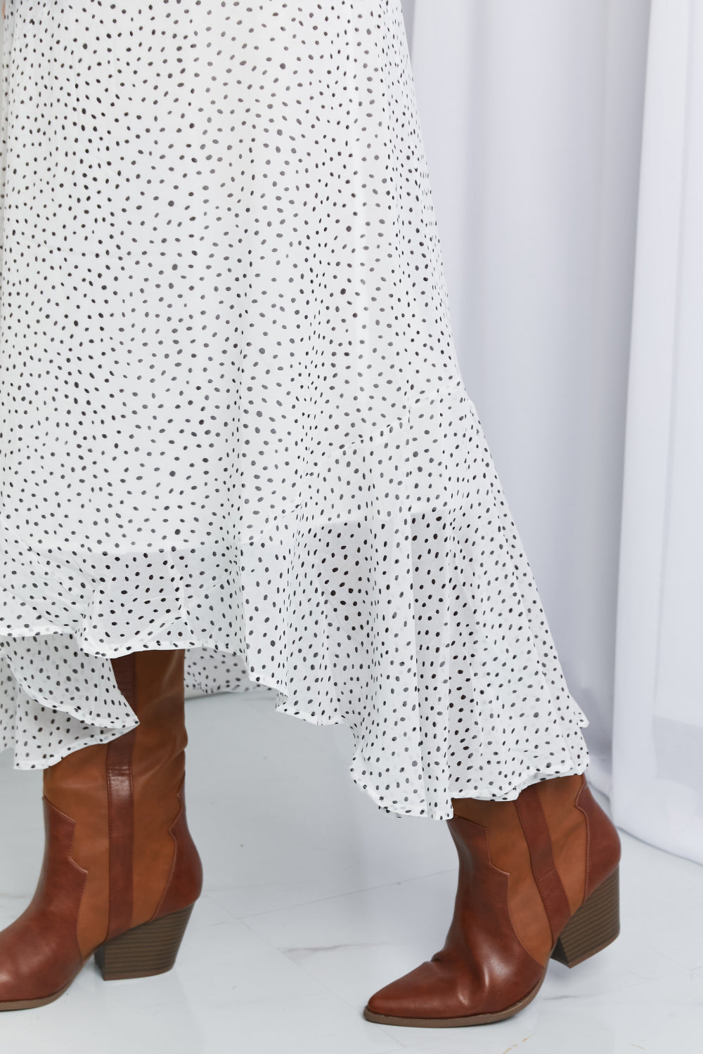 Zenana Polka Dot Ruffle Hem Midi Skirt in Ivory\/Black